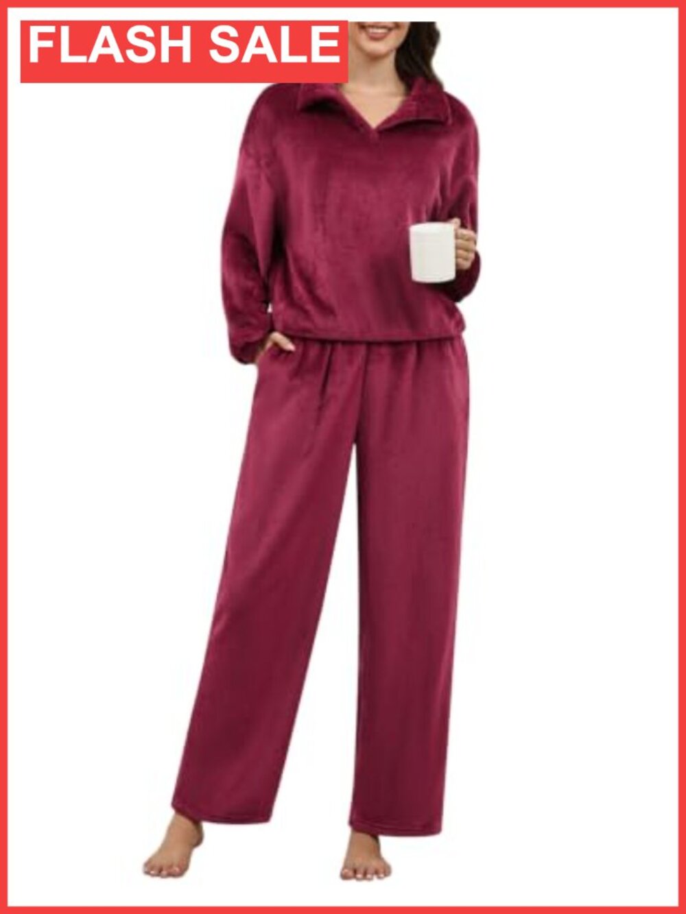 Fleece Pajama Set 2 Piece Loungewear Long Sleeve Pockets Cozy Warm